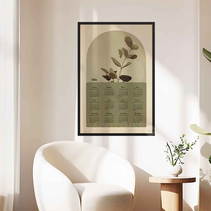Green and beige 2026 calendar poster with leaf art.