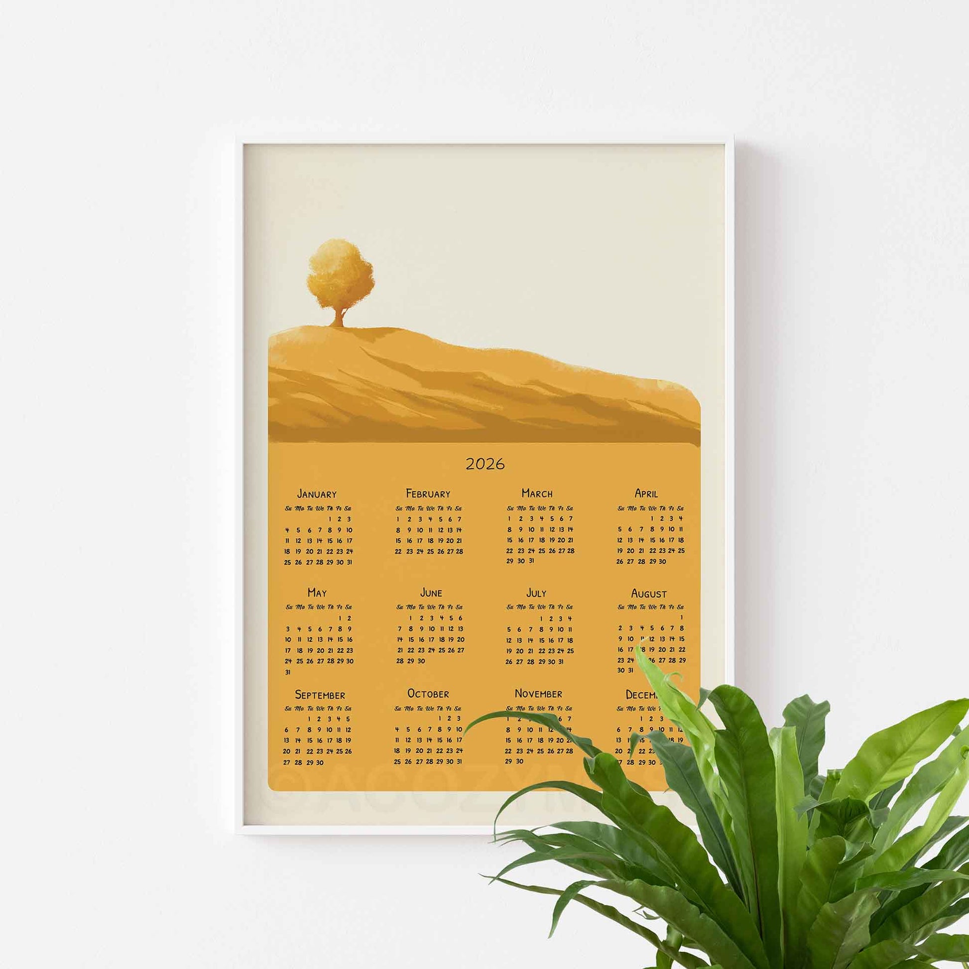 2026 calendar with landscape art in yellow in white frame