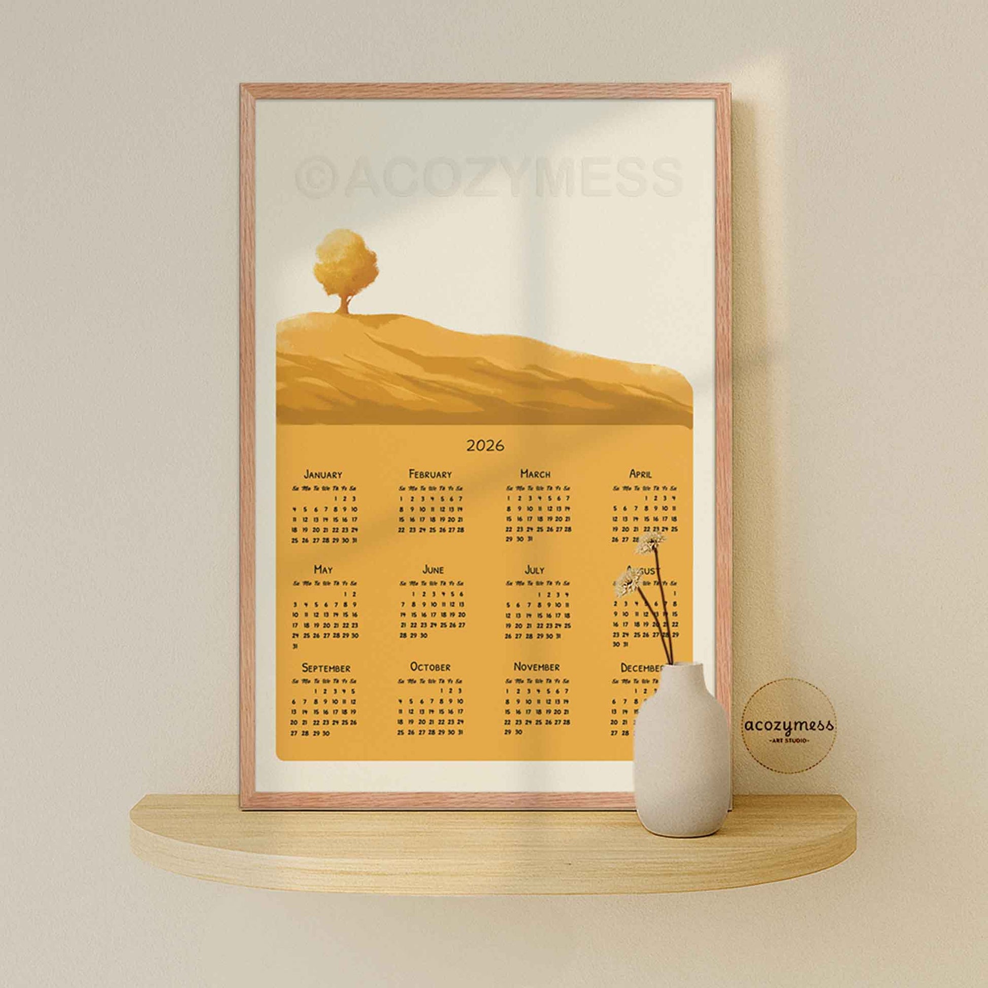 single page 2026 calendar with yellow landscape art, in oakwood frame