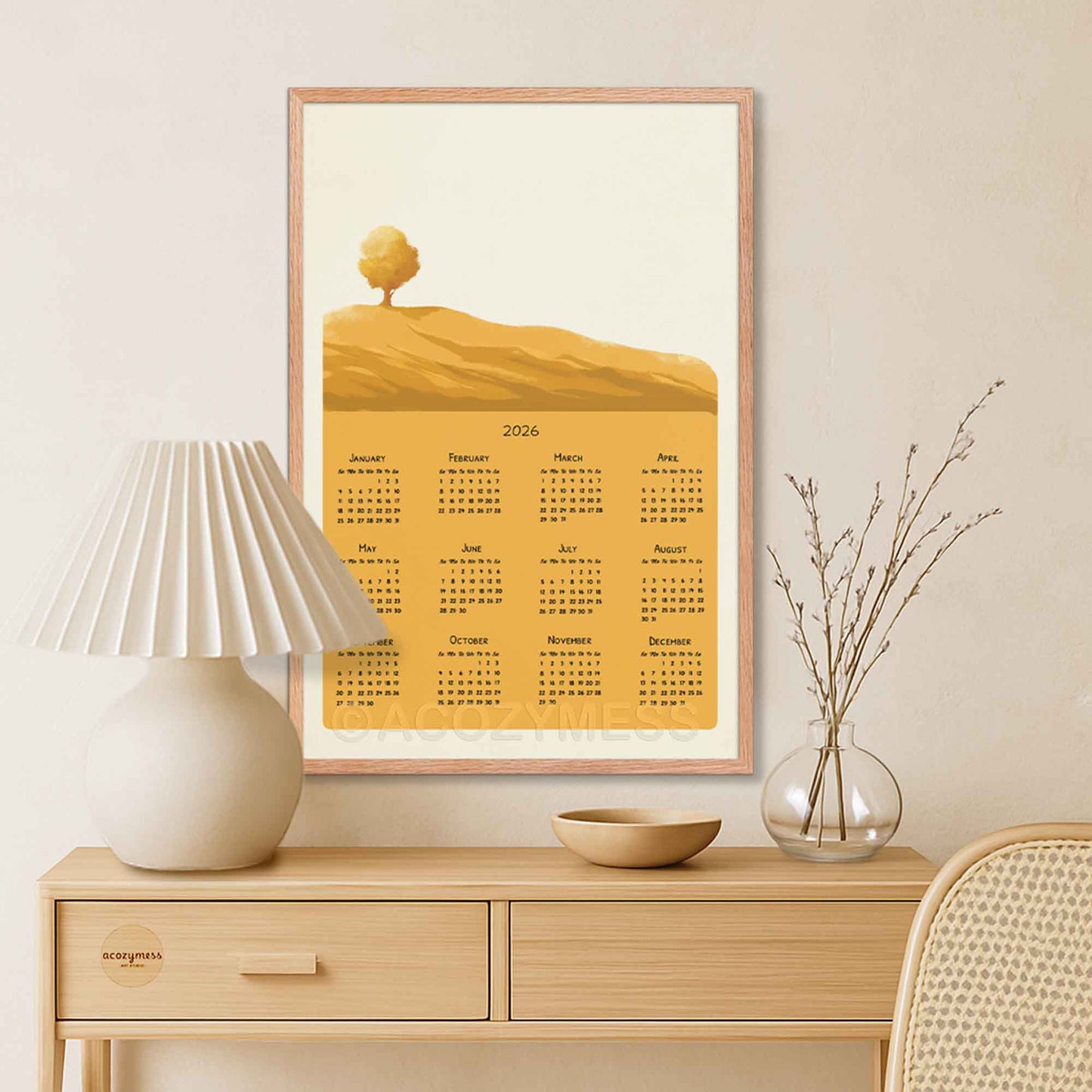 one page calendar poster with serene landscape art in yellow and beige