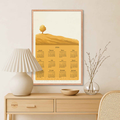 one page calendar poster with serene landscape art in yellow and beige