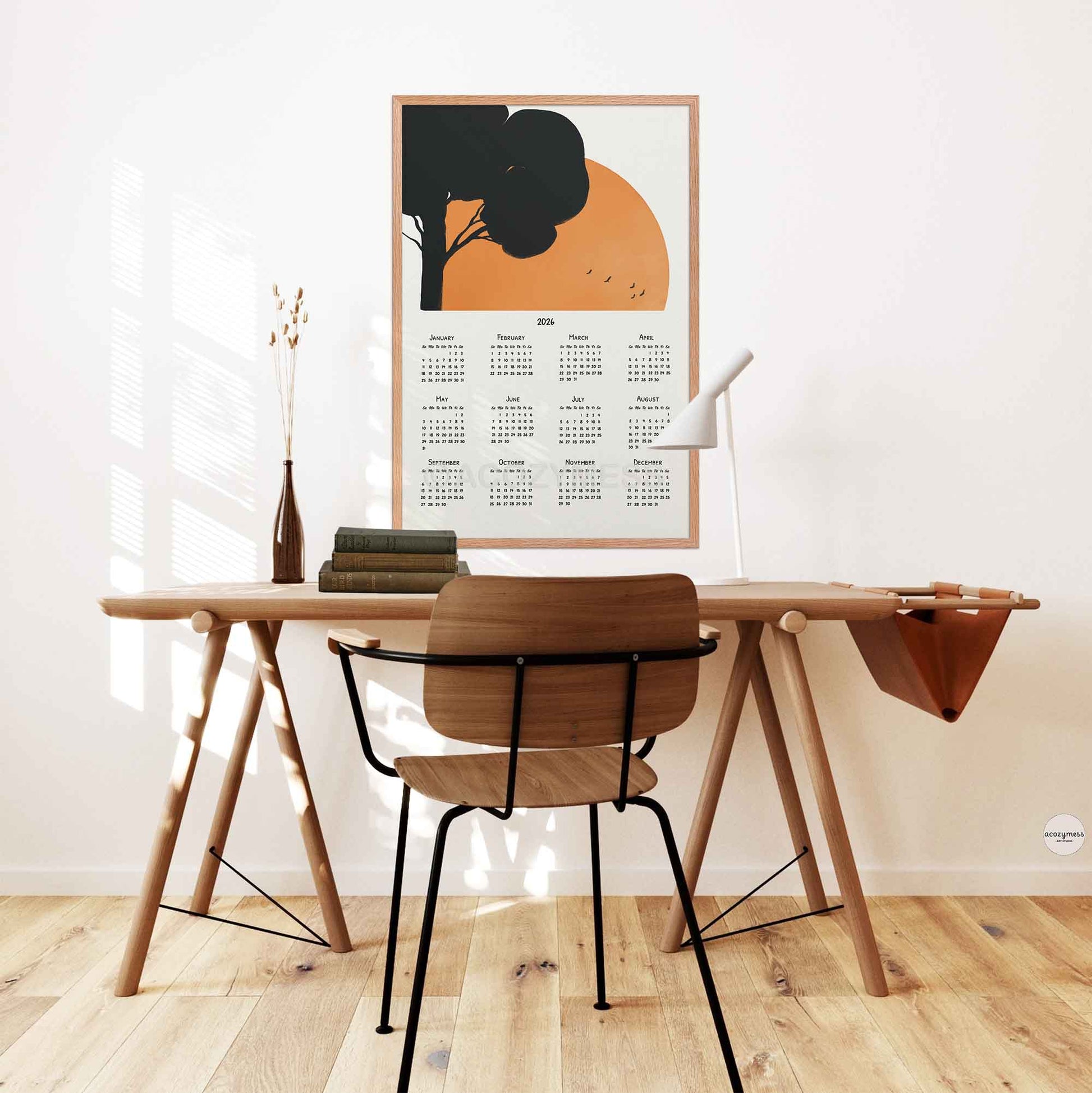 2026 wall calendar with sun art and tree 