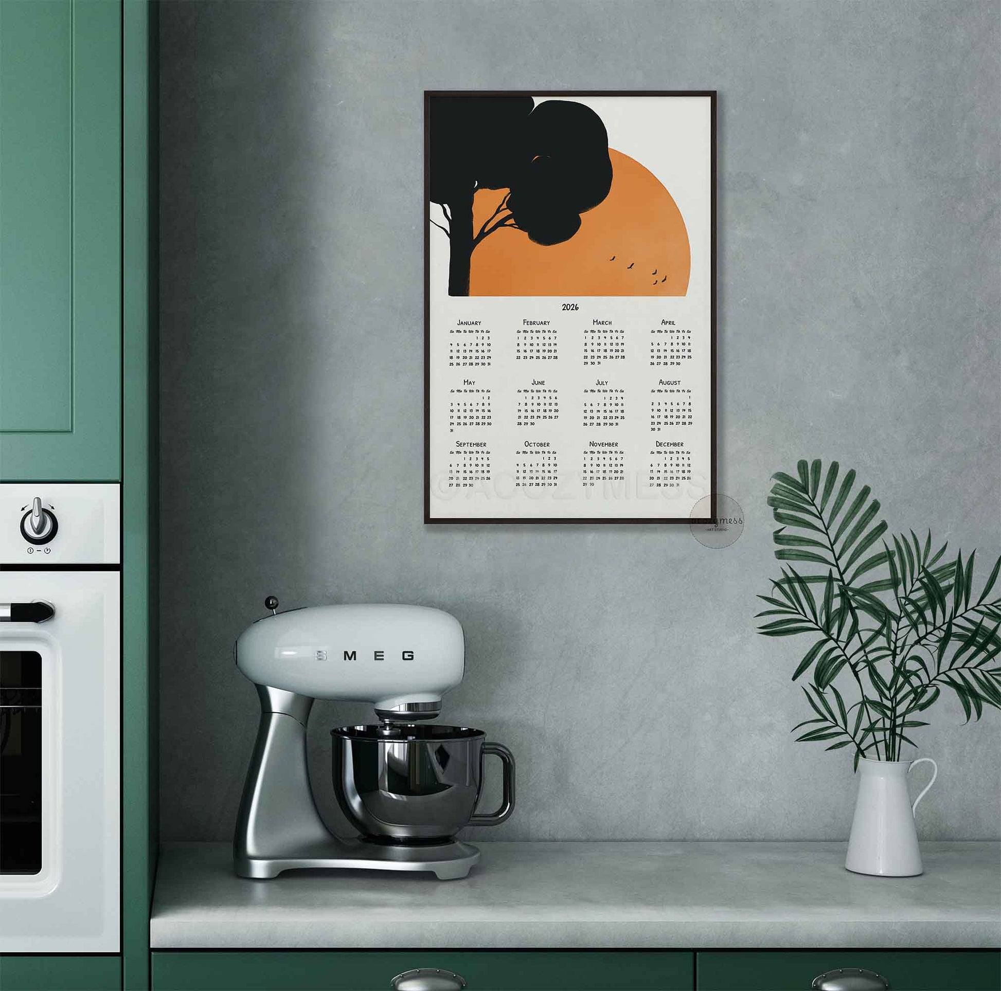 2026 single page calendar displayed on a kitchen wall.