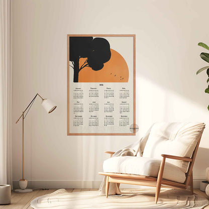 Calendar poster with a decorative design of a tree and sun in a living room setting .