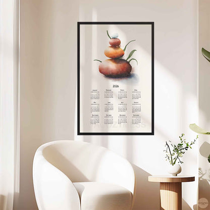 2026 calendar with balancing stones art displayed in black frame