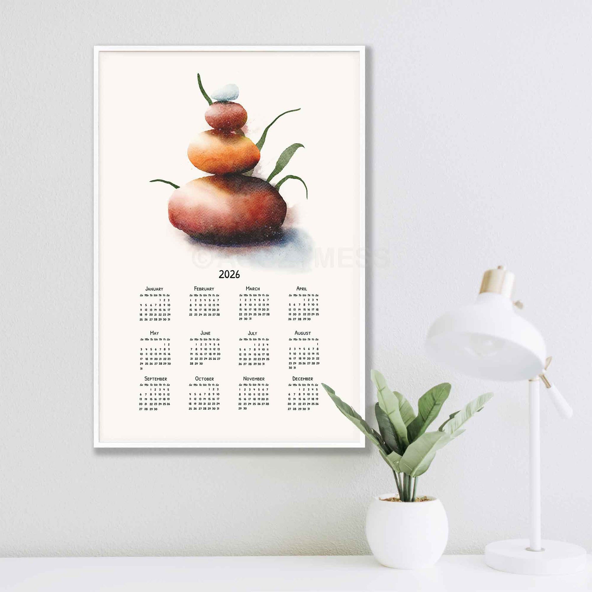 2026 calendar with balancing stones art displayed in white frame for modern spaces