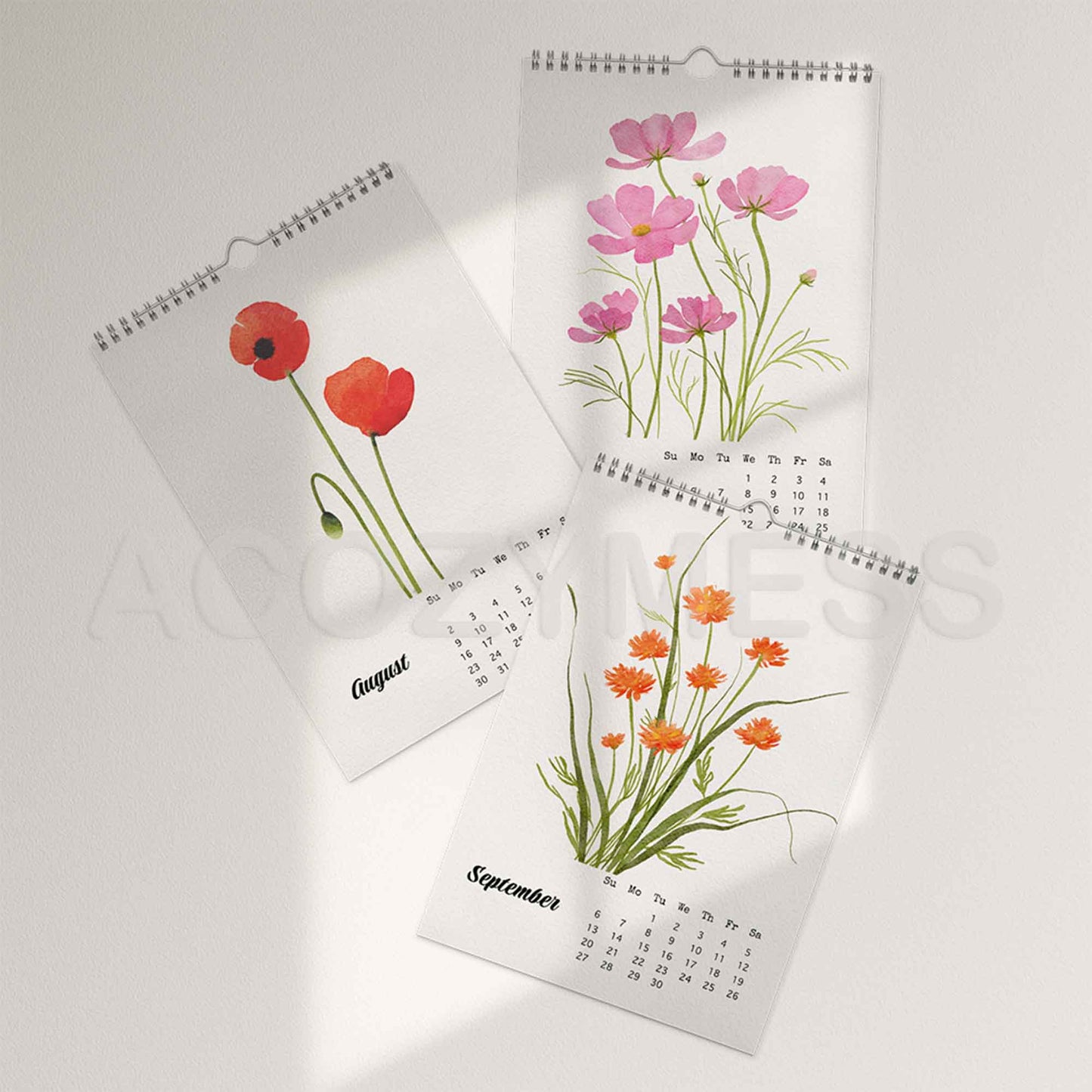 Three floral-themed calendars open to August, September, and October on a white background.
