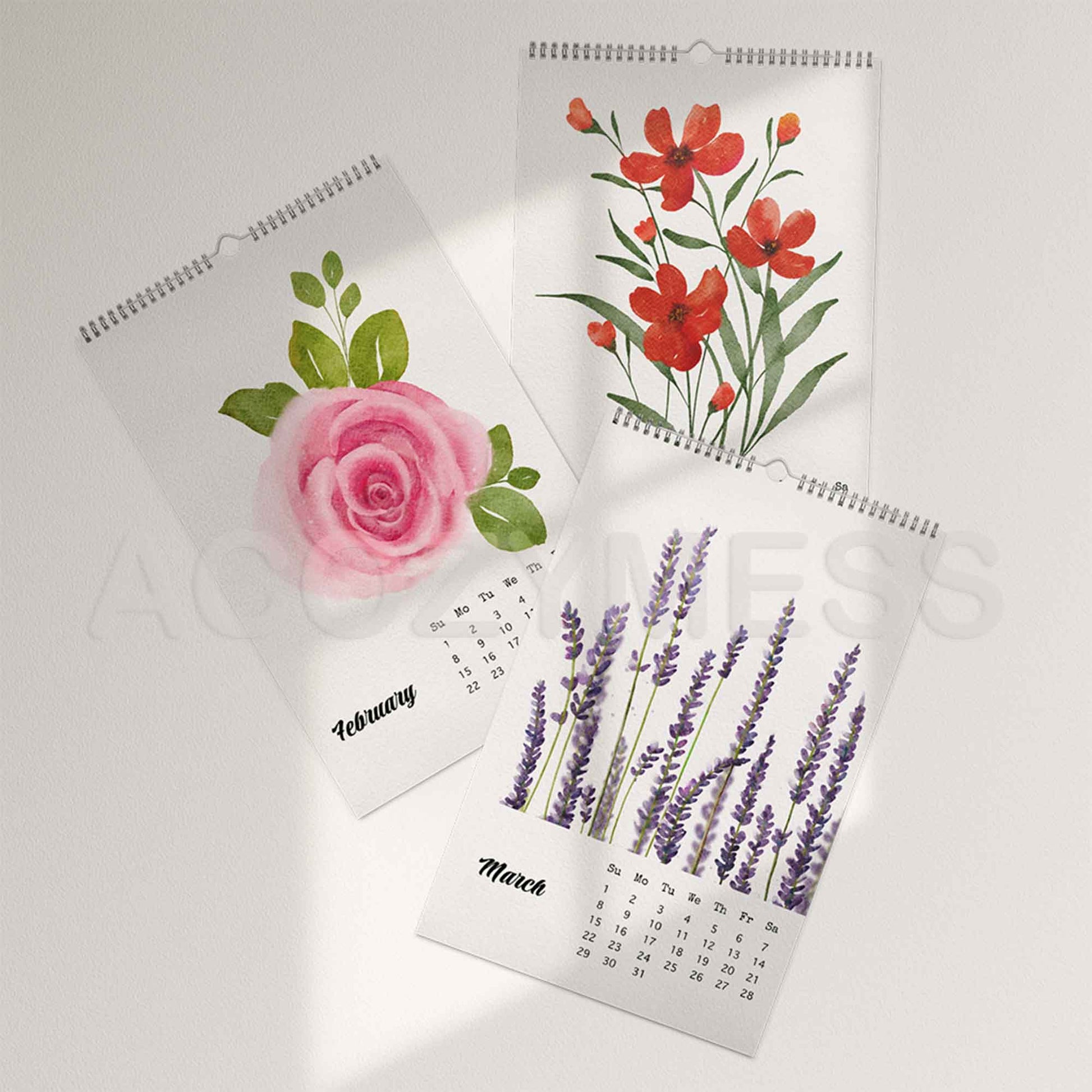 Three floral-themed calendars showing February, March, and April on a white background.
