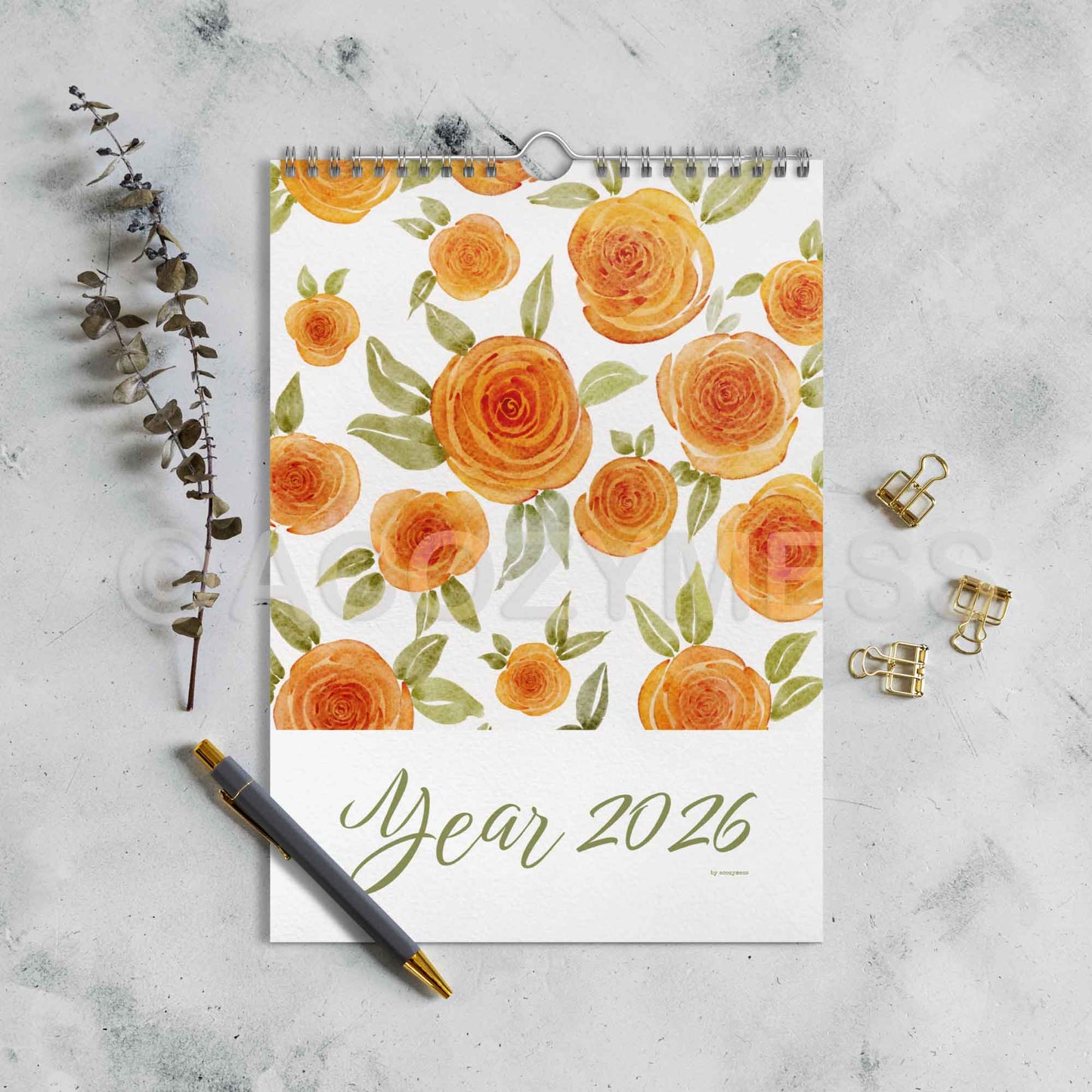 Floral design calendar for  'Year 2026' with floral art