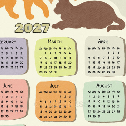 Close-up of the 2027 title, a lounging brown cat silhouette and the colorful February to August month tiles