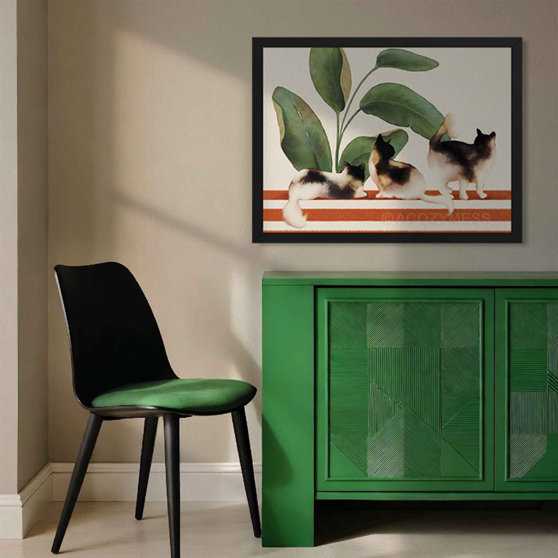 3 cats and plants wall art, framed in black