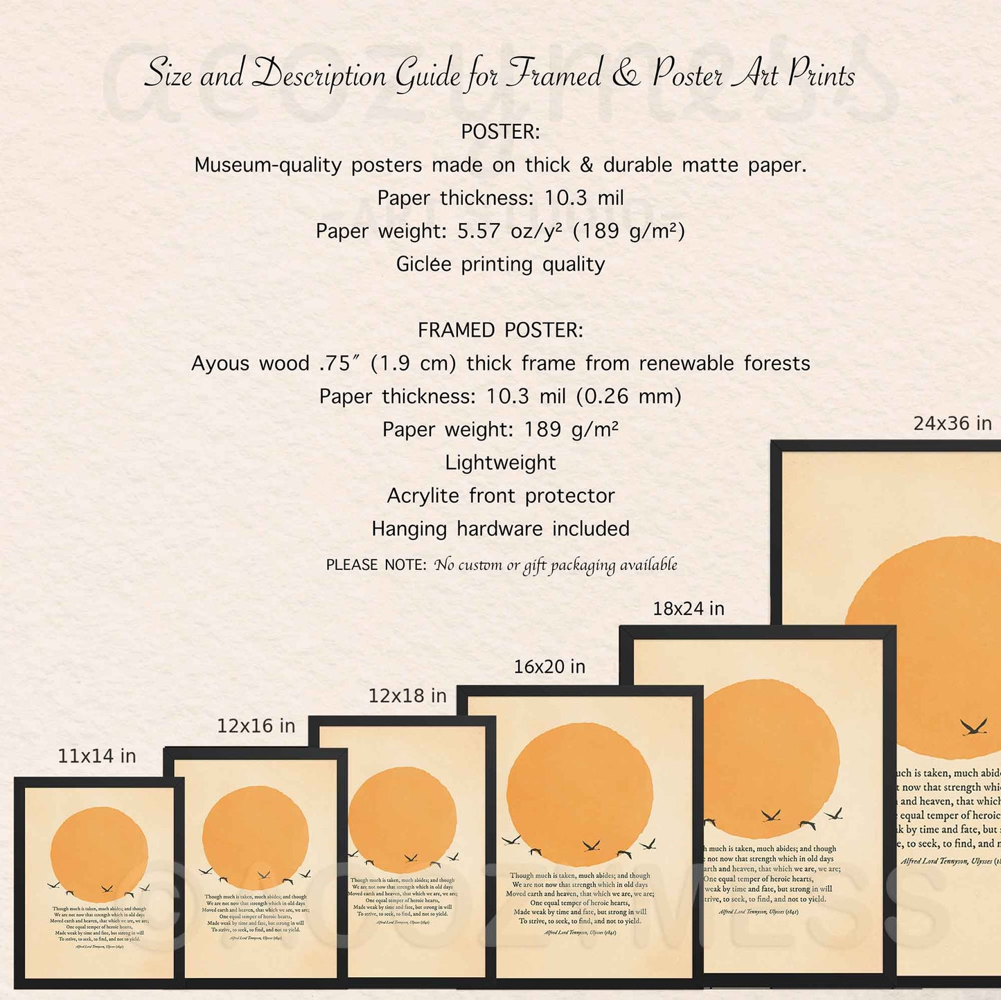 Size and description guide for framed and poster art prints with sample prints displayed.