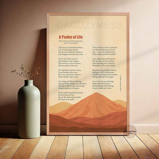 A Psalm of Life Longfellow poem art poster in a light oak frame leaning against a warm beige wall beside a sage green vase