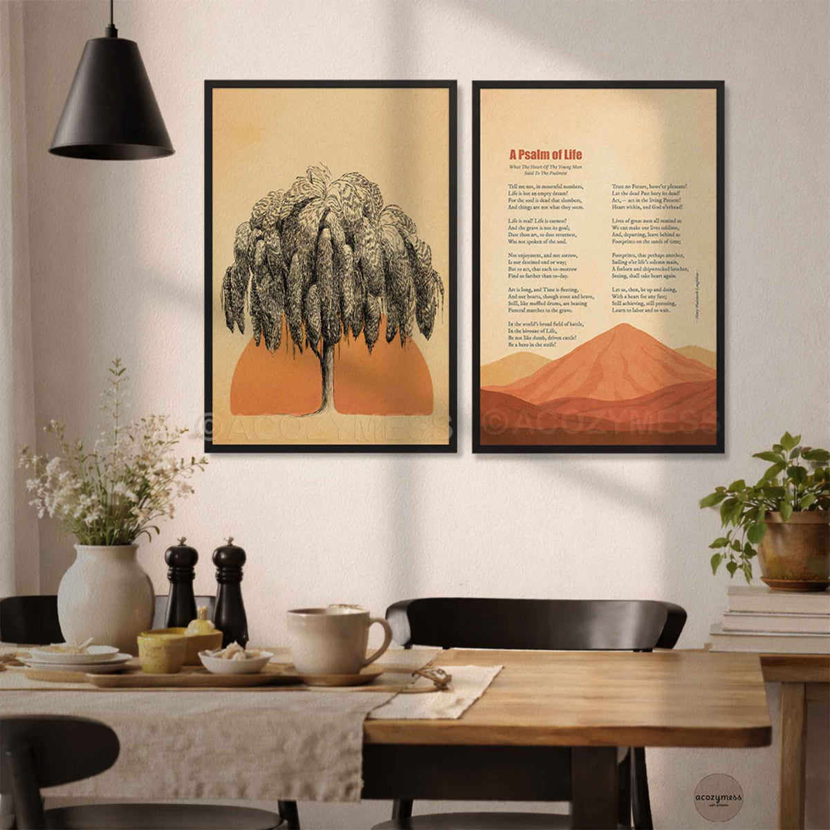 A Psalm of Life poem print shown as a set with a tree art print in a modern dining room