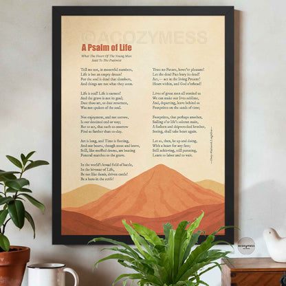 A Psalm of Life by Henry Wadsworth Longfellow framed art print above potted plants in a cozy room