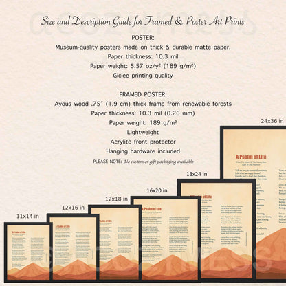 Size guide for A Psalm of Life poem poster and framed art print from 11x14 to 24x36 with paper and frame details