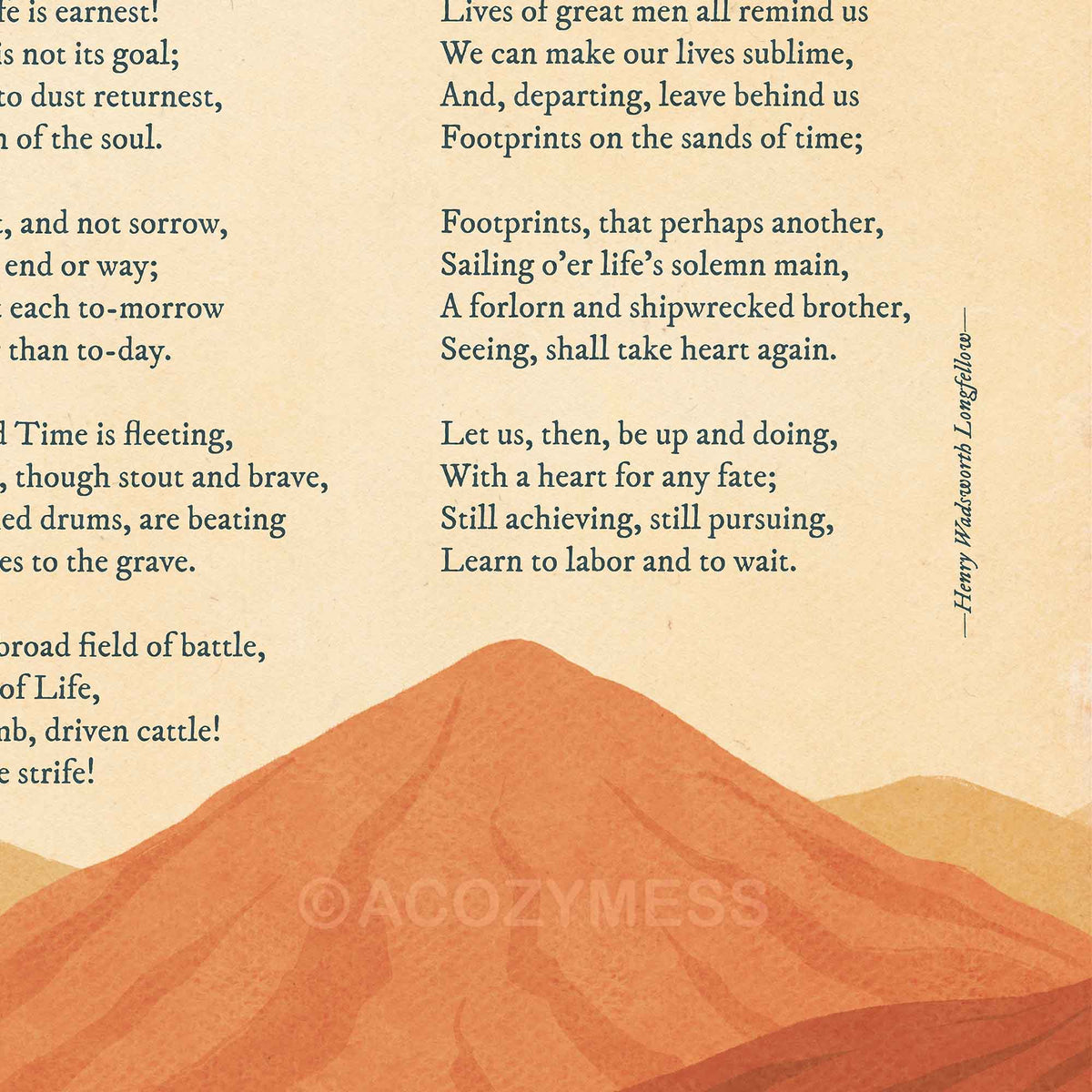 Close-up of A Psalm of Life poem verses and Longfellow signature over terracotta and ochre desert mountains
