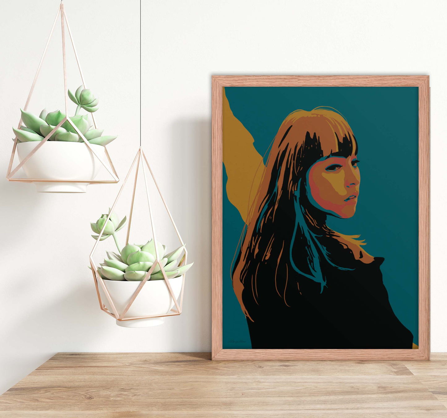 Abstract Wall art poster of a woman in black, blue, orange & yellow in oak frame