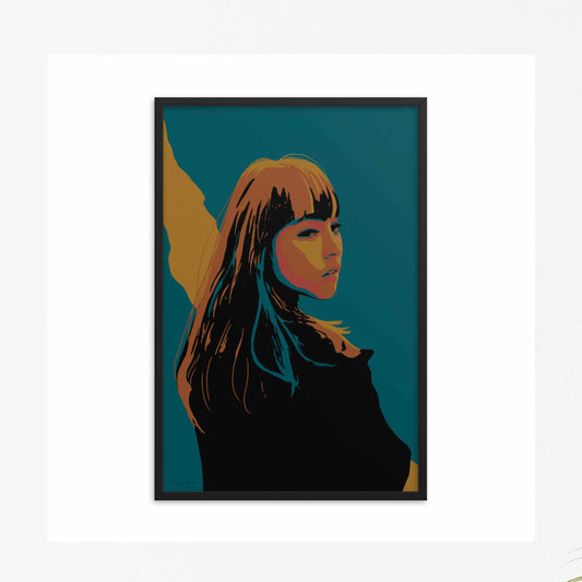Abstract Wall art poster of a woman in black, blue, orange & yellow in black frame