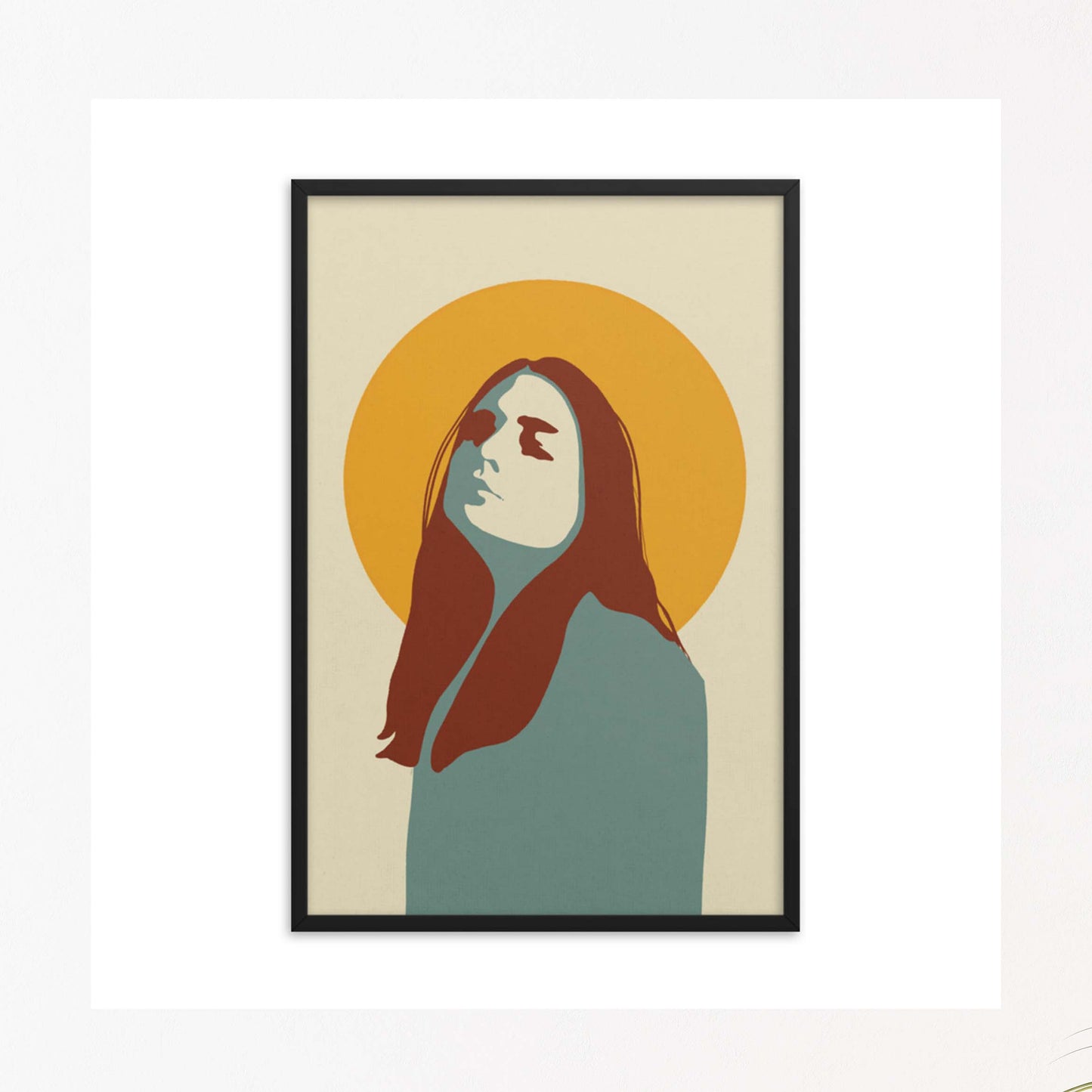 Abstract Portrait for a strong confident woman with sun illustration poster in black frame.