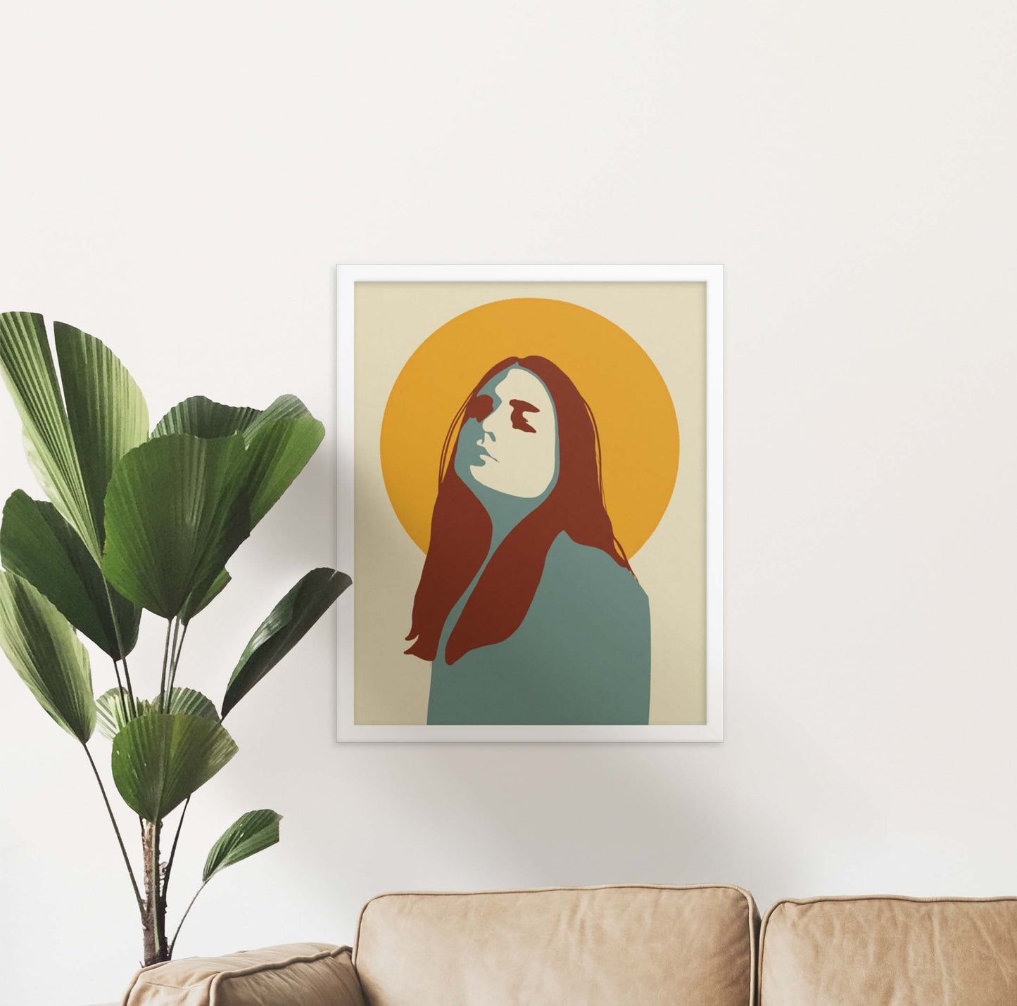 Abstract Portrait for a strong confident woman with sun illustration poster in white frame.