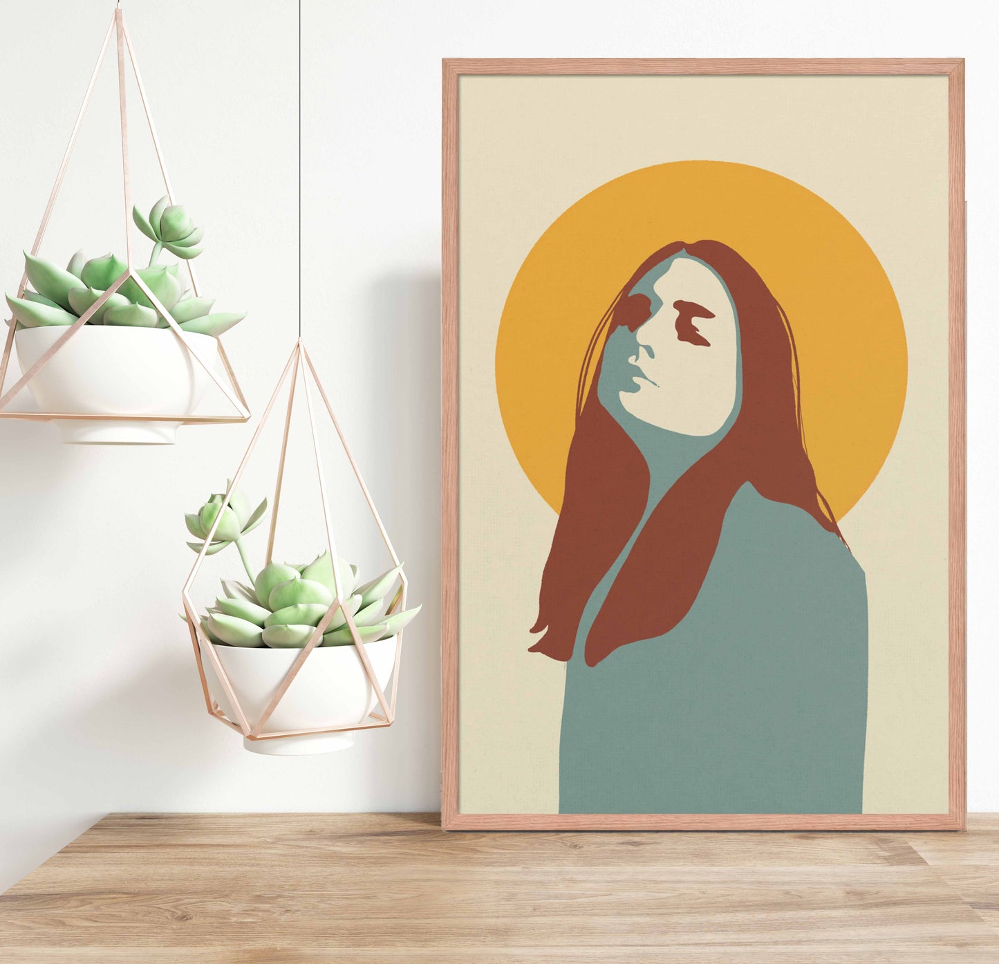 Abstract Portrait for a strong confident woman with sun illustration poster in oak frame.