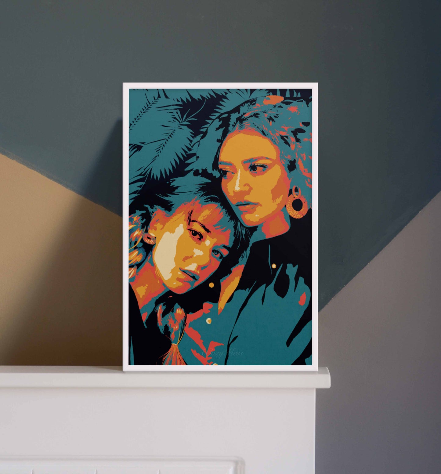  Two women abstract wall art poster in yellow, blue, orange & black colors showcasing sisterhood in white frame