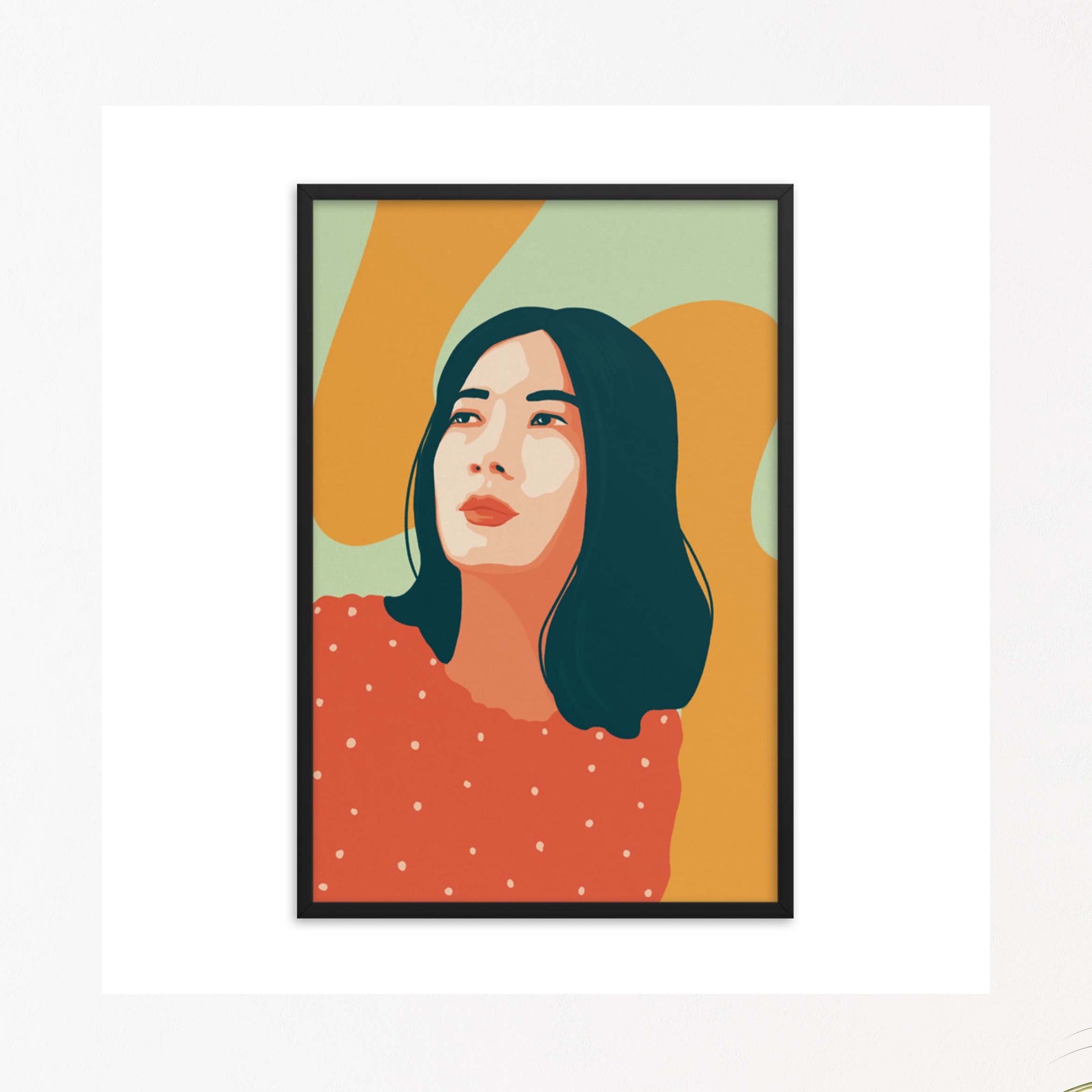 Colorful vibrant asian woman wall art in black frame
