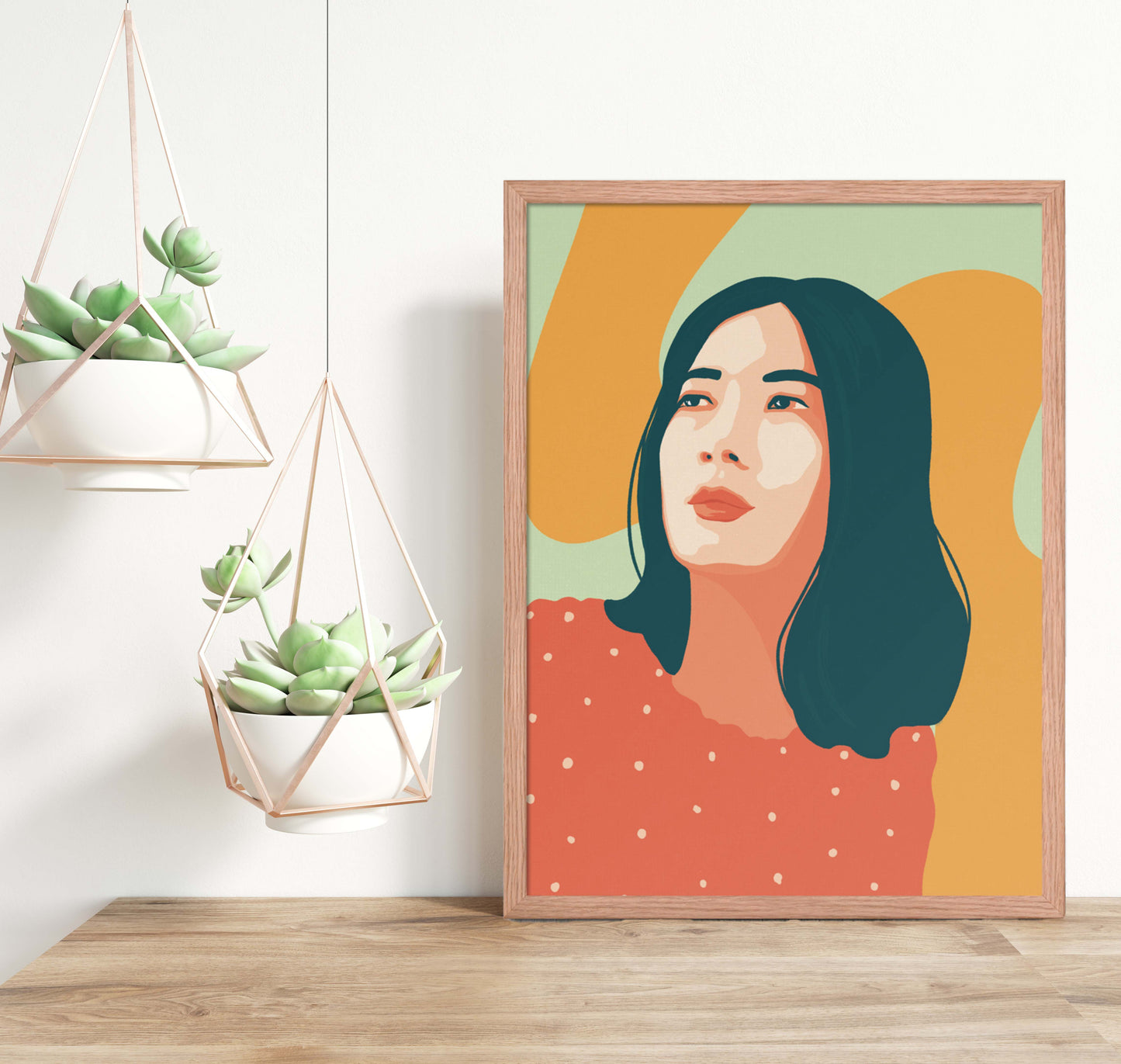 Red, yellow, blue woman wall art in oak frame