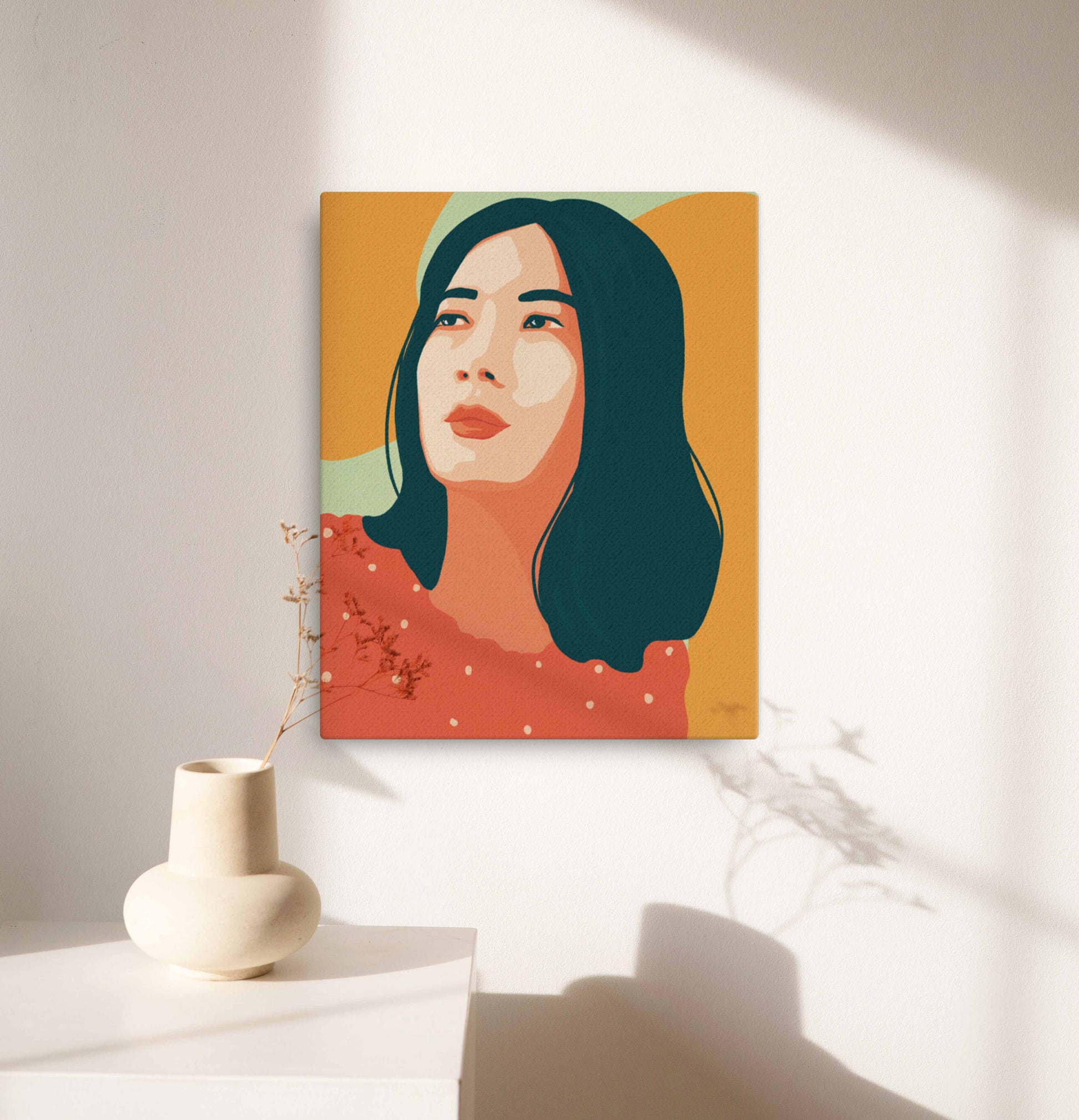 Red, yellow, blue woman canvas wall art print