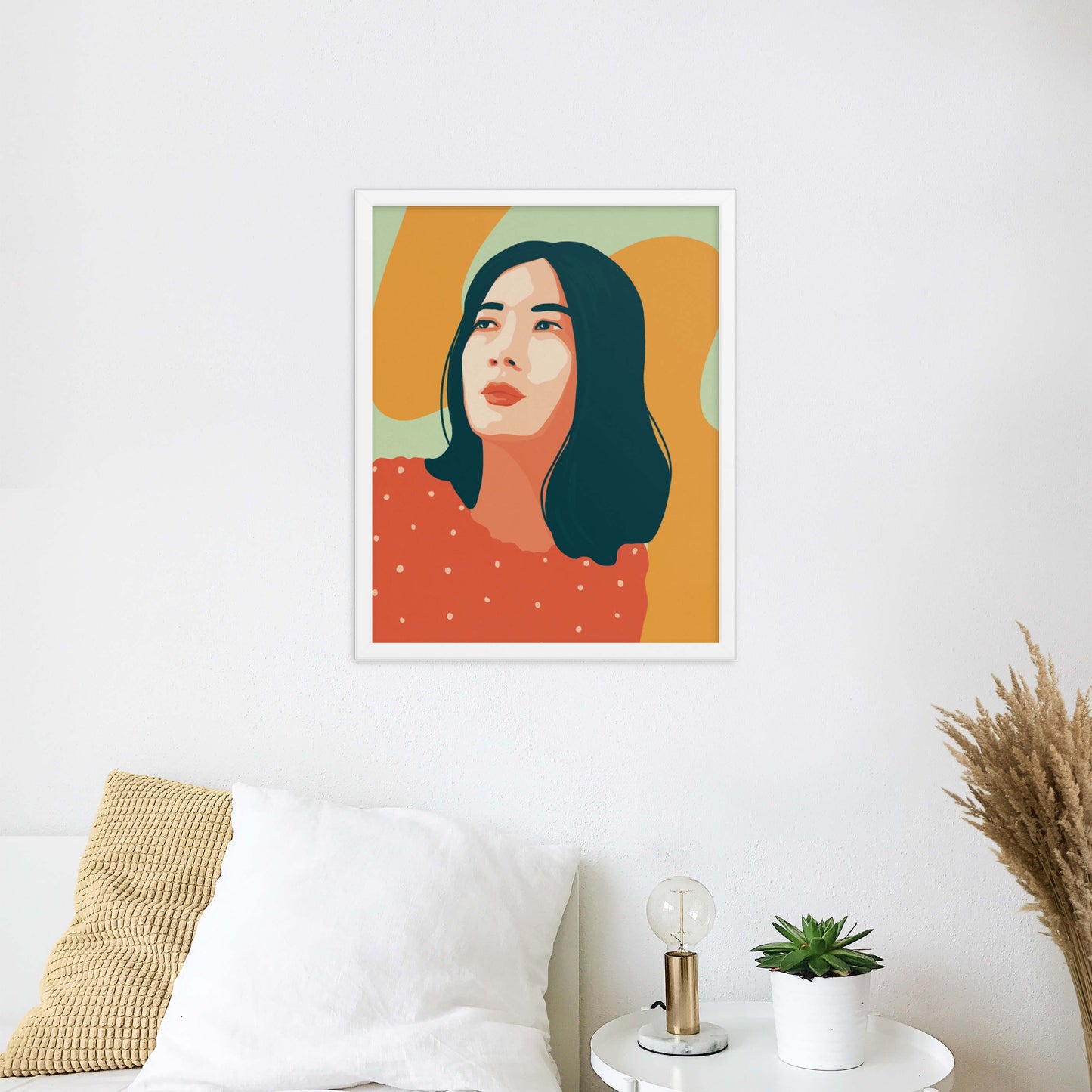 Bright and colorful Woman Wall art in white frame