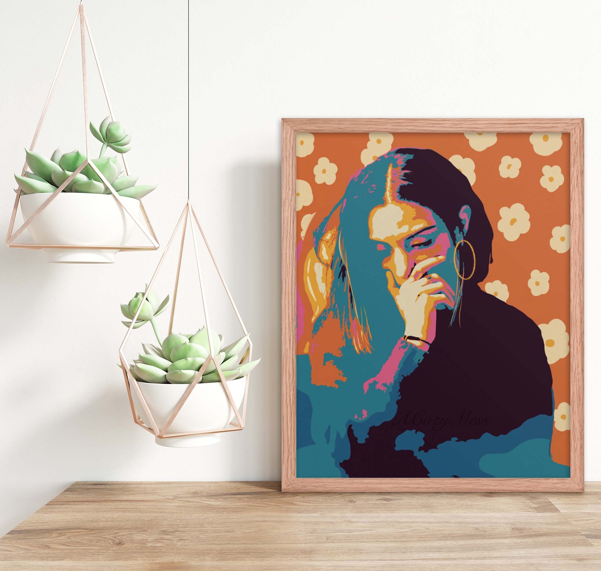 Expressive Colorful Abstract wall art of a woman with floral background in oak frame