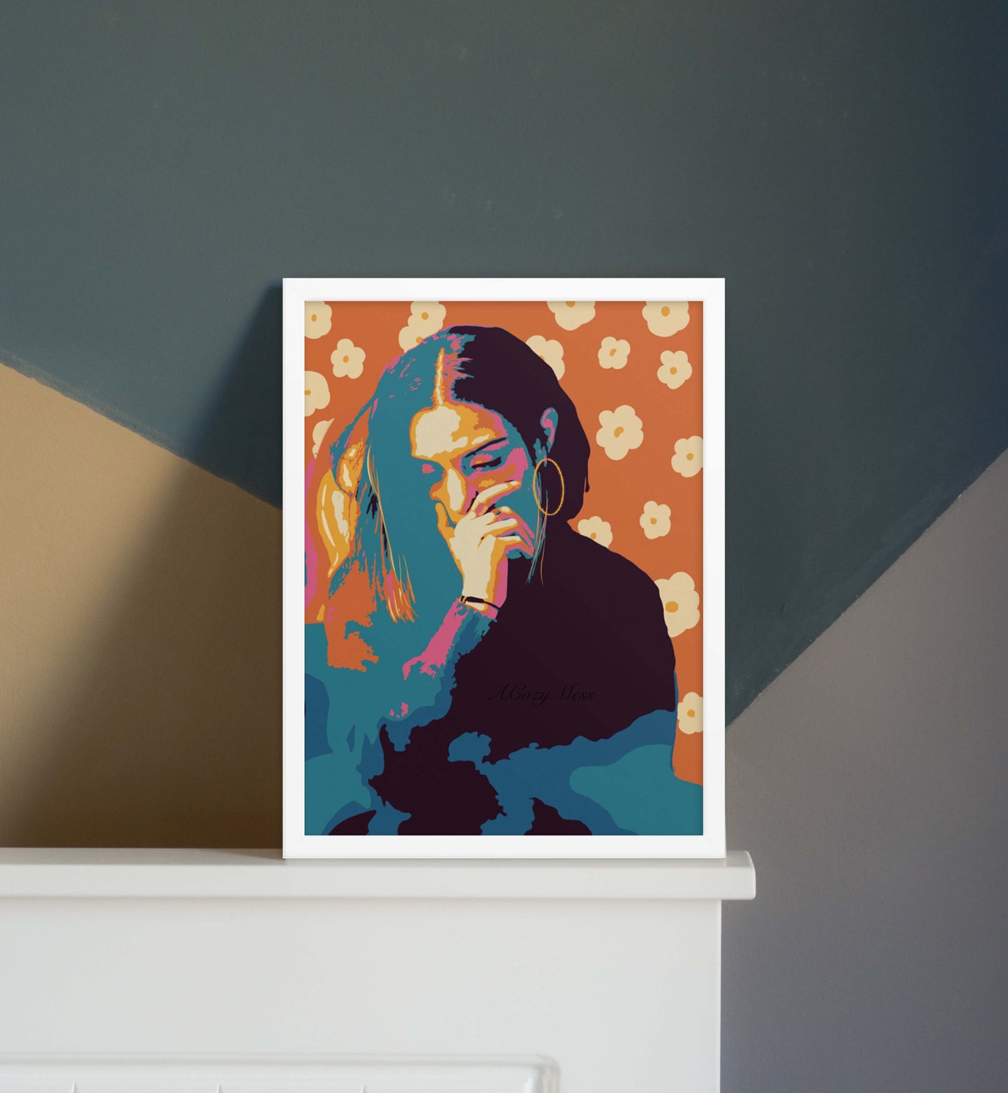 Expressive Colorful Abstract wall art of a woman with floral background in white frame