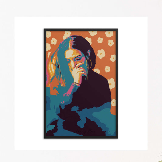 Expressive Colorful Abstract wall art of a woman with floral background in black frame