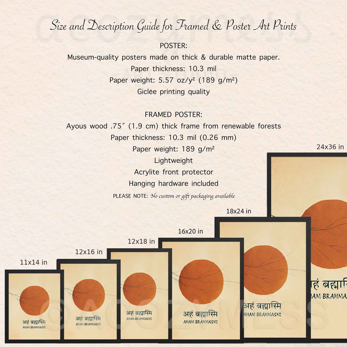 A size and description guide for framed and poster art prints. The guide lists specifications for posters and framed prints, including paper thickness, weight, and frame materials, and shows several sample print sizes from 11x14 inches to 24x36 inches.
