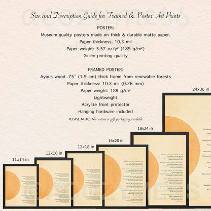Size and description guide for framed and poster art prints, showing text specifications for posters and framed prints with sample dimensions including 11x14 in, 12x16 in, 12x18 in, 16x20 in,  18x24 in, 24x36 in.