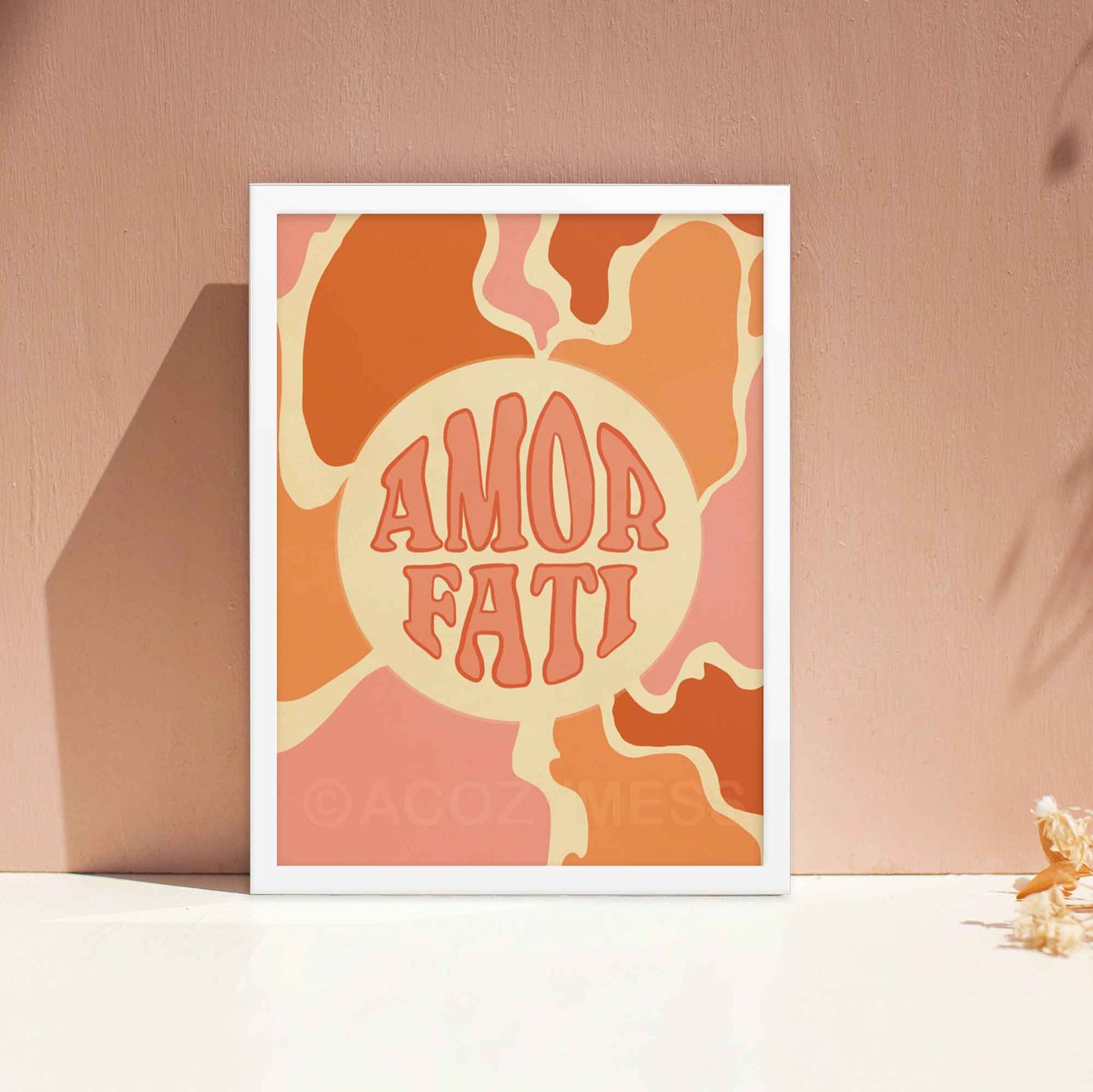 Amor Fati poster with abstract design in soft pink, orange, and beige tones, symbolizing the Stoic philosophy of loving one's fate, displayed in a white frame.