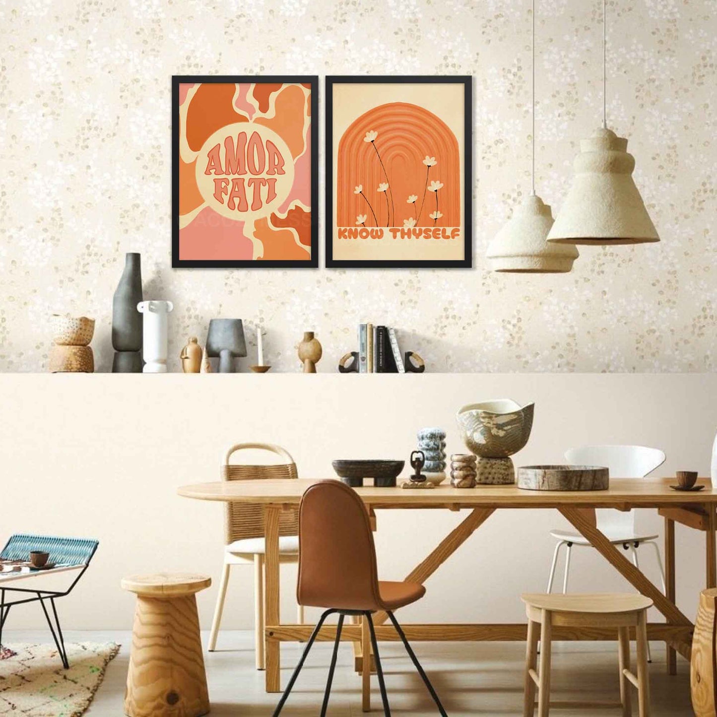 Amor Fati art poster with abstract design in soft pink, orange, and beige tones, symbolizing the Stoic philosophy of loving one's fate, displayed in a black frame