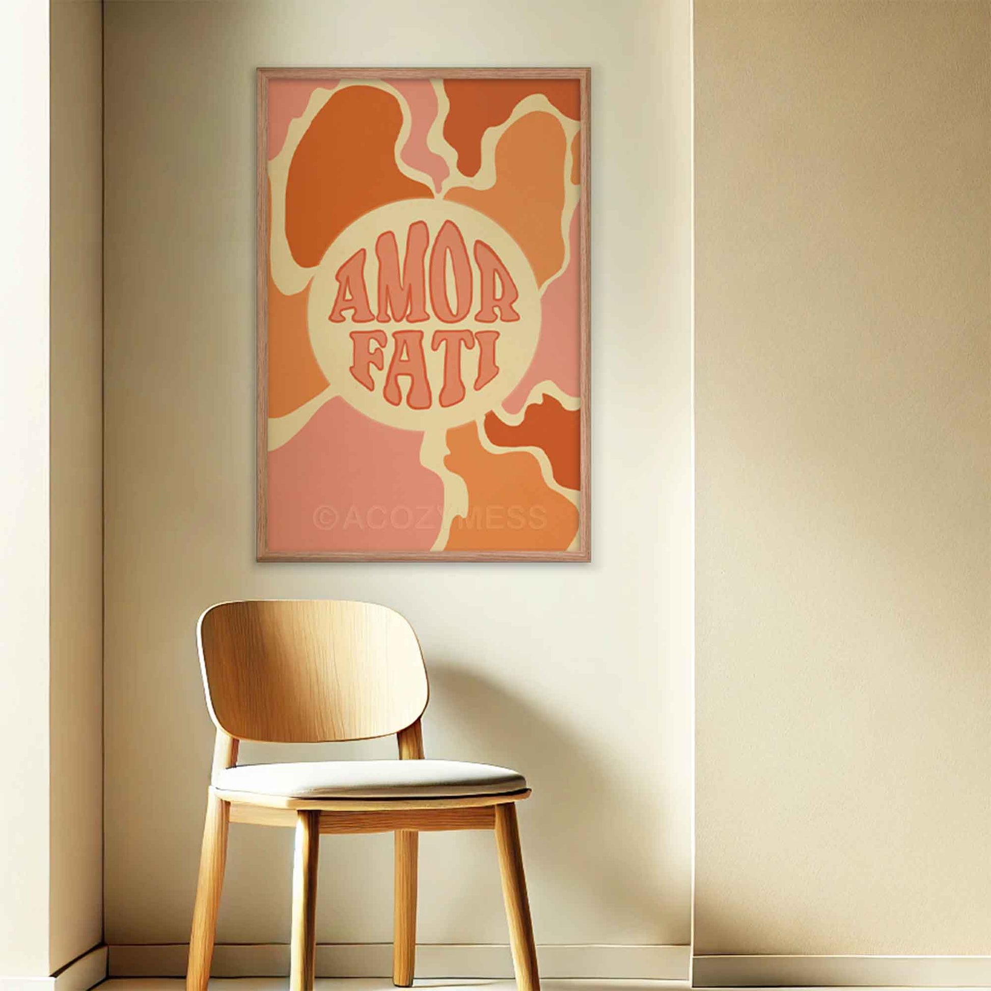 Amor Fati poster with abstract art in soft pink, orange, and beige tones, symbolizing the Stoic philosophy of loving one's fate, displayed in a oakwood frame.