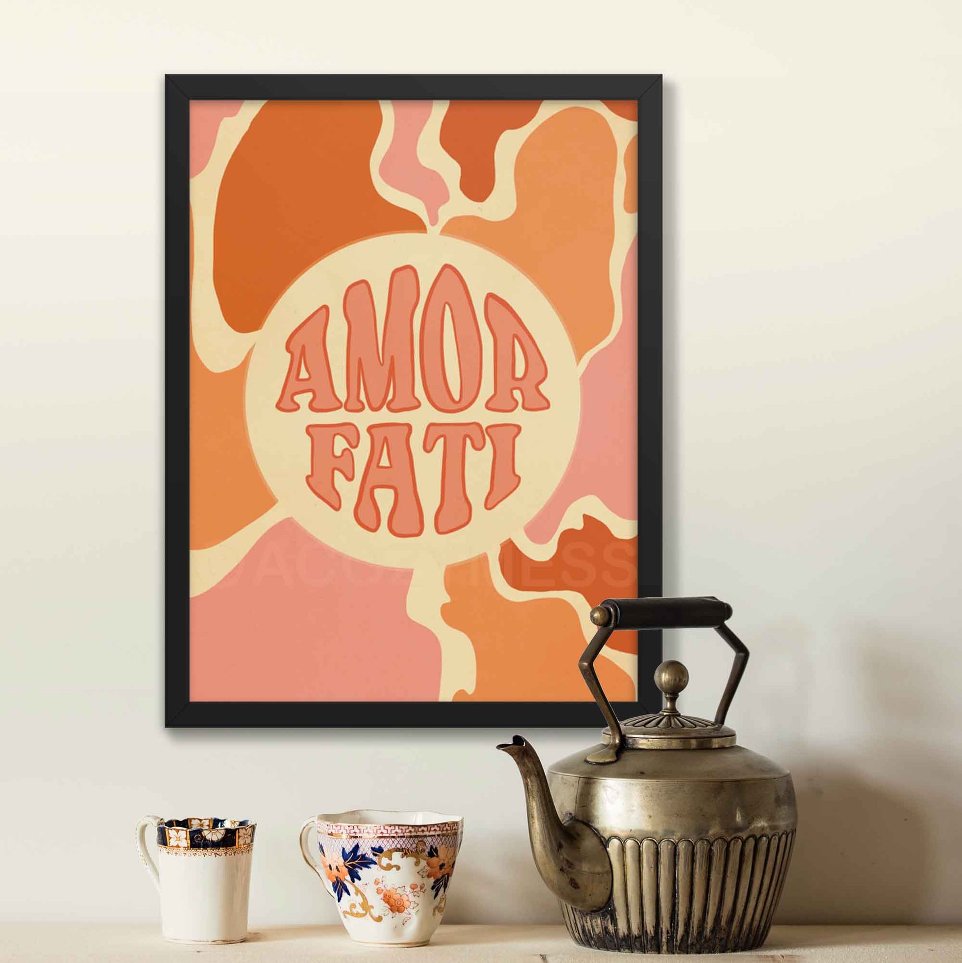 Amor Fati poster with abstract artwork in soft pink, orange, and beige tones, symbolizing the Stoic philosophy of loving one's fate, displayed in a black frame.