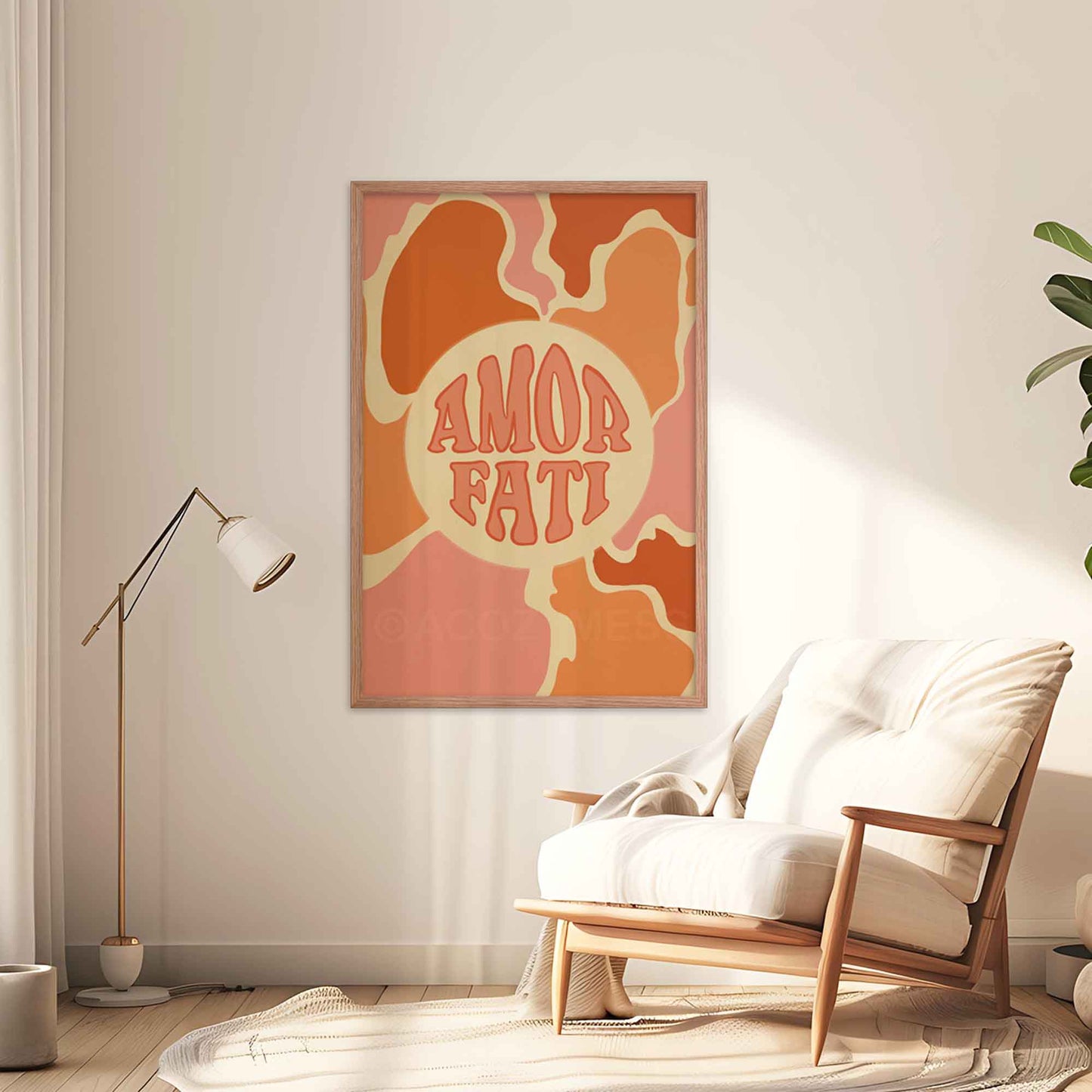 Amor Fati poster with abstract art in soft pink, orange, and beige tones, symbolizing the Stoic philosophy of loving one's fate, displayed in a oakwood frame on a living room wall.