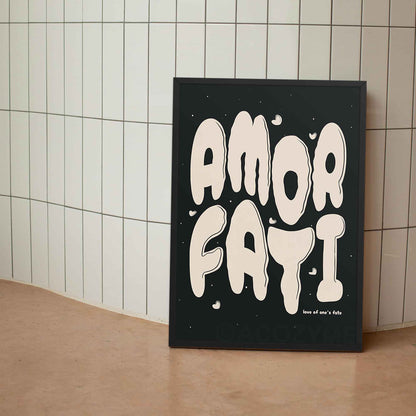 amor fati black and beige, stoic poster in black frame