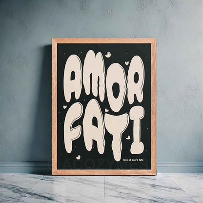amor fati black and beige, stoic poster in oakwood frame