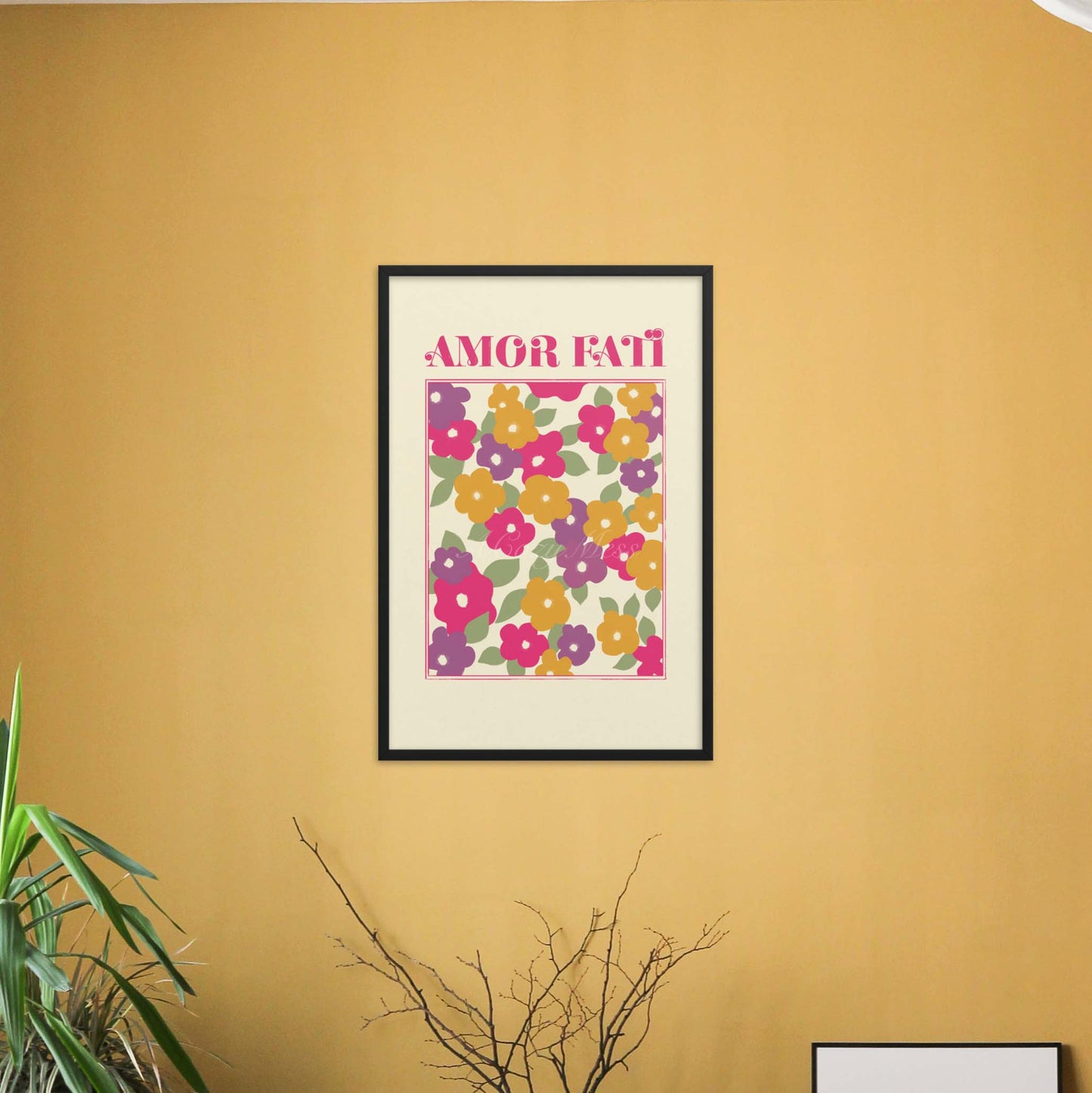 Amor Fati abstract Floral design Art Poster in bight pink, purple, green & green on light beige background in black frame.