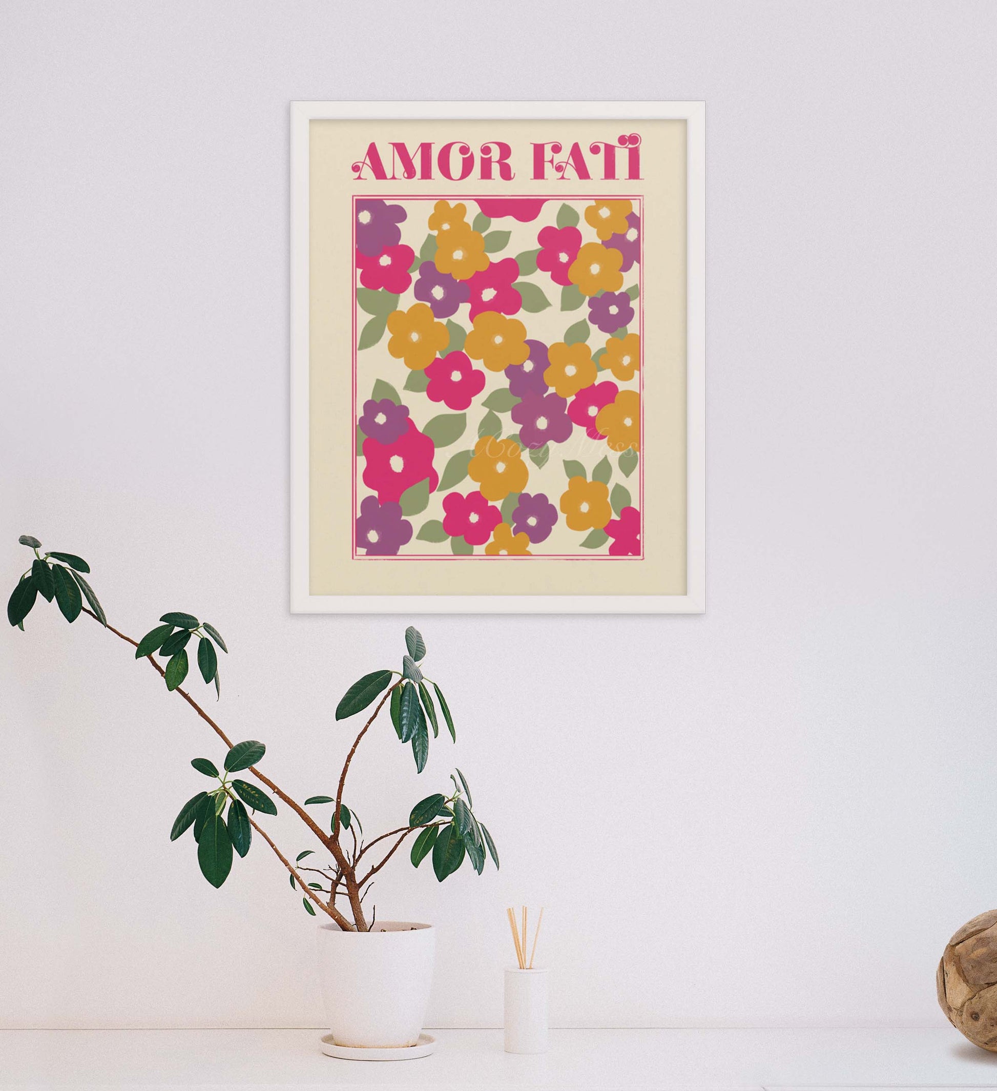 Amor Fati abstract Floral design Art Poster in bight pink, purple, green & green on light beige background in white frame.