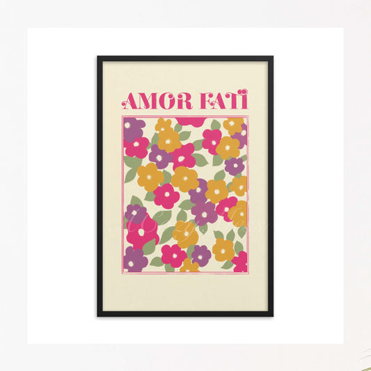 Amor Fati abstract Floral design Art Poster in bight pink, purple, green & green on light beige background in black frame.