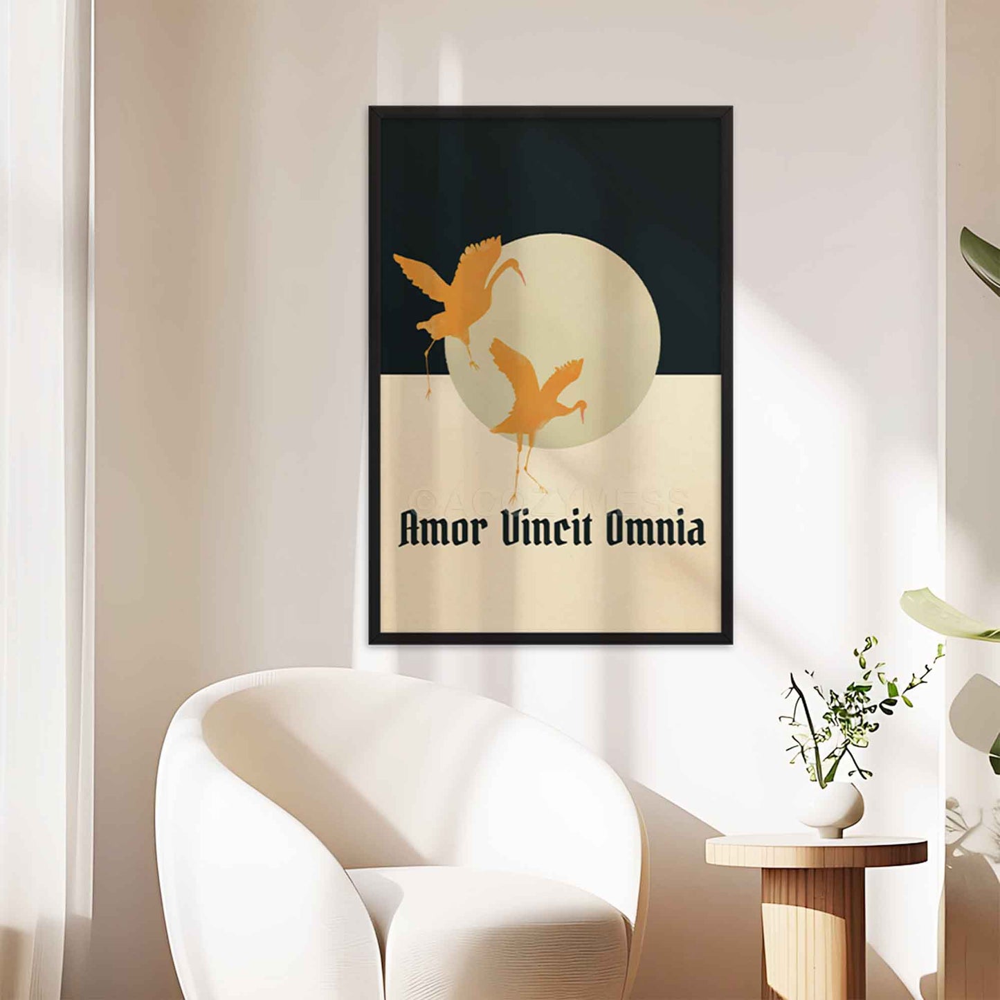 Amor Vincit Omnia Poster in beige, blue and yellow with flying birds art, in black frame.