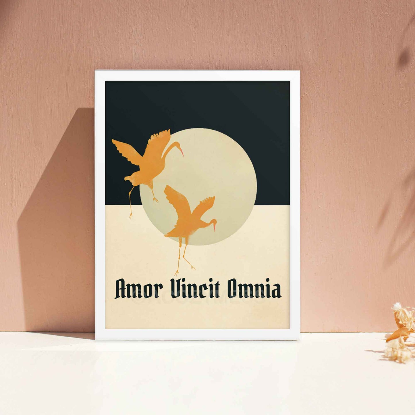 Amor Vincit Omnia Poster in beige, blue and yellow with flying birds art, framed in white.