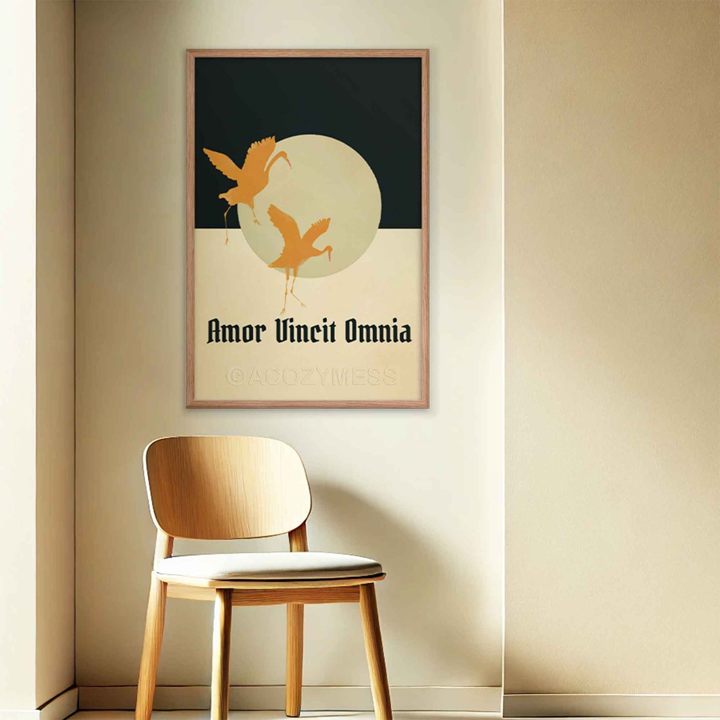 Amor Vincit Omnia Poster in beige, blue and yellow with flying birds art, displayed in oakwood frame.