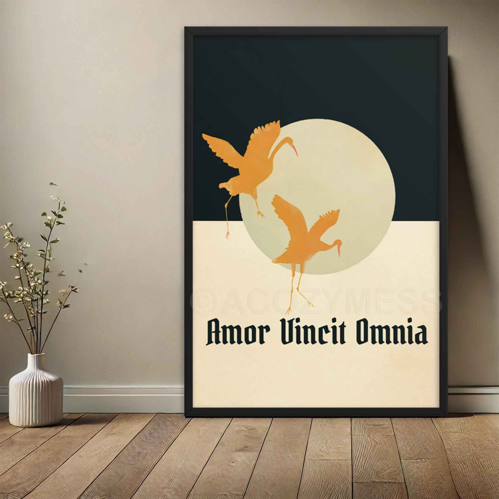 Amor Vincit Omnia Poster in beige, blue and yellow with flying birds art, framed in black.